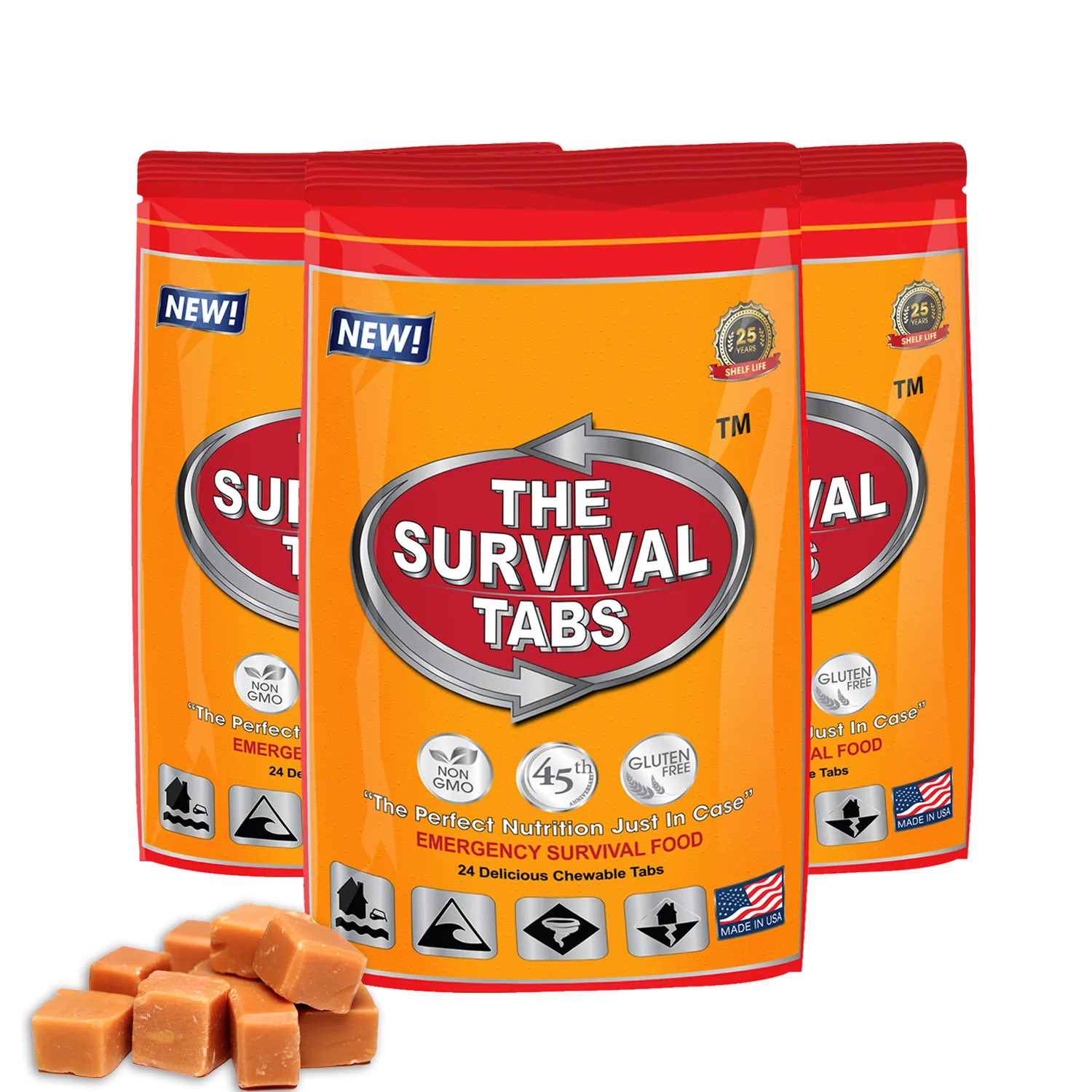 6 days Emergency survival food tabs none-GMO gluten-free 25 years shelf life 24 Tabs Buttescotch x 3 pouches