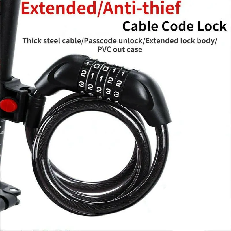 Bicycle 5 Digit Code Cable Lock 1200mm*12mm Anti-theft Bike Password Lock Bike Security Steel Cable Cycling Lock Bike Parts