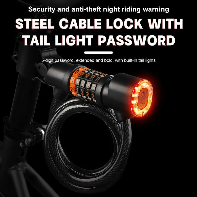 Bicycle Lock with Tail Light 5-Digit Security Password Bike Lock Steel Cable Chain Anti-theft Bicycle Bike Accessories