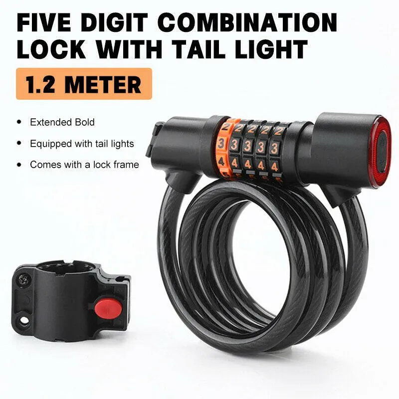 Bicycle Lock with Tail Light 5-Digit Security Password Bike Lock Steel Cable Chain Anti-theft Bicycle Bike Accessories
