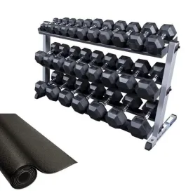 Body-Solid Rubber Hex Dumbbell 5-70lb Package with Rack & Mat