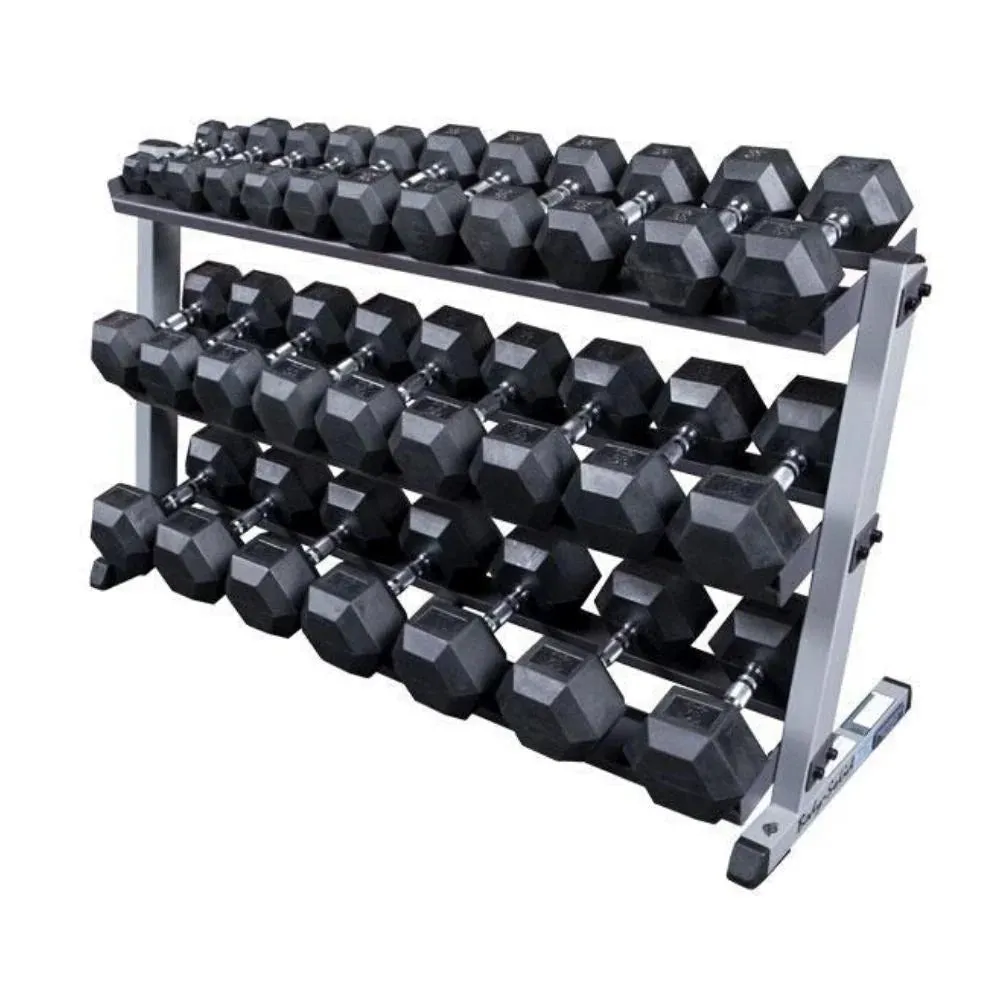 Body-Solid Rubber Hex Dumbbell 5-70lb Package with Rack & Mat