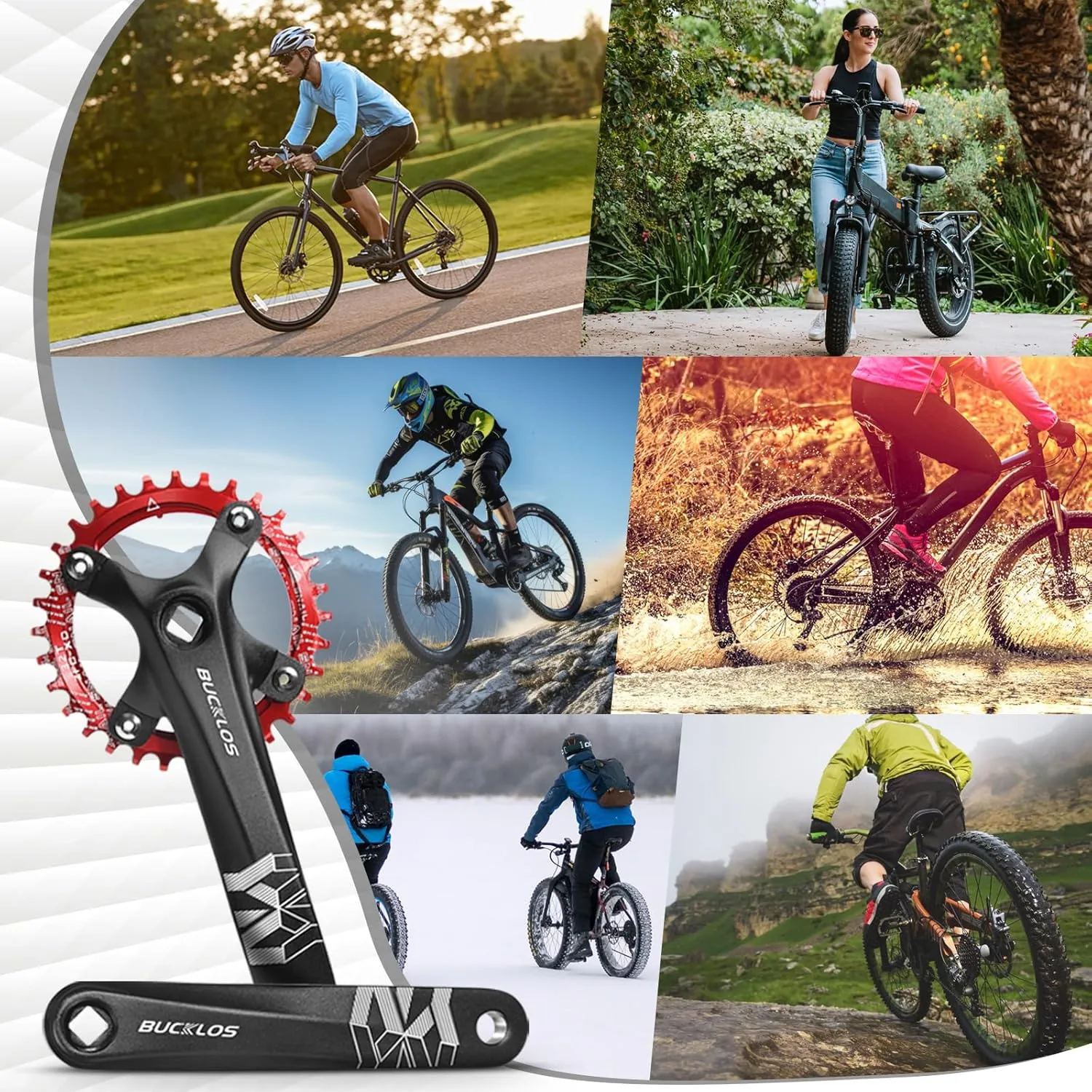 BUCKLOS MTB Mountain Bike Single Speed Square Taper Crankset -170mm Cranksets Bicycle Crank Set with 104BCD 32/34/36/38/40/42T Round/Oval Chainring Fit for Ebike/Commuter Bike
