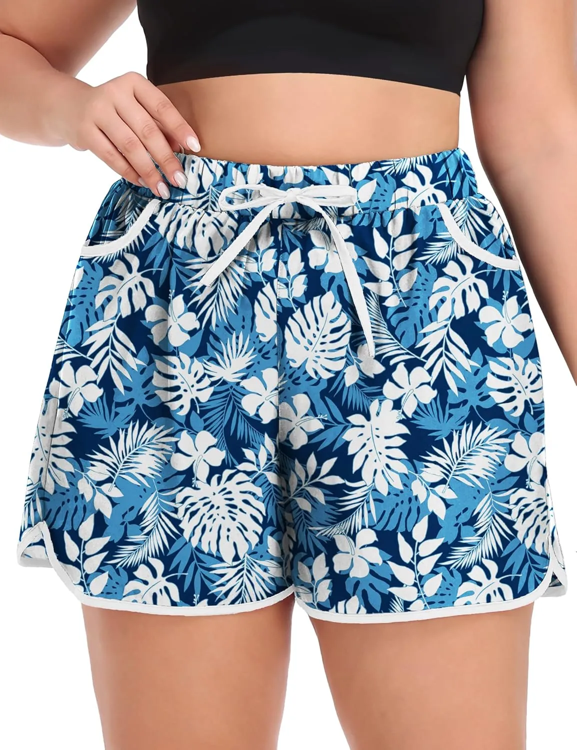 COOTRY Womens Plus Size Beach Shorts Quick Dry Drawstring Board Shorts Swim Shorts with Pockets