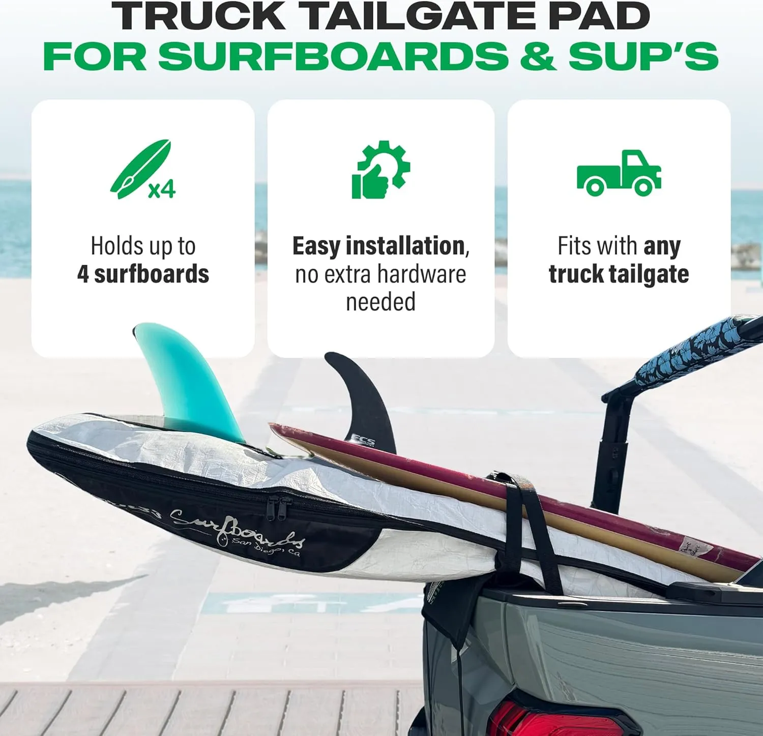 COR Surf Tailgate Truck Pad for SUP | Longboard | Surfboard | Ladders or Lumber with Premium Scratch-Resistant Tie Downs (Black)