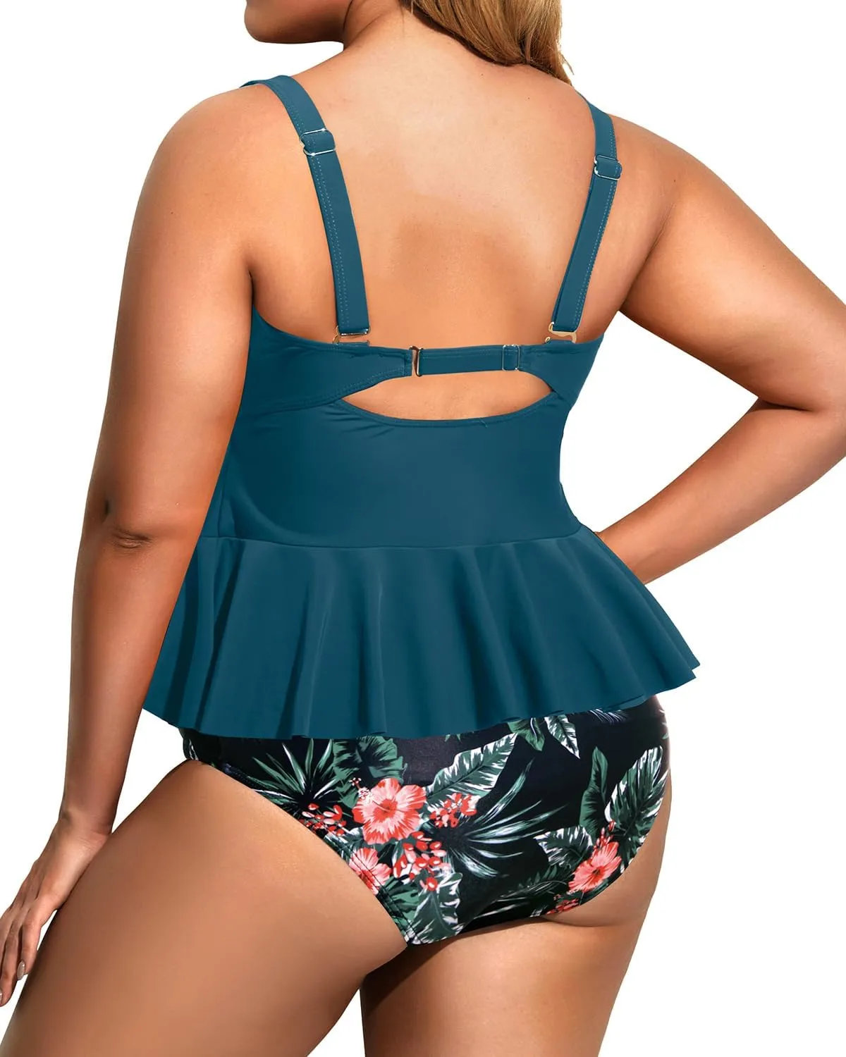 Daci Women Two Piece Plus Size Swimsuit with Bottom Peplum Tankini High Waisted Tummy Control Bathing Suit