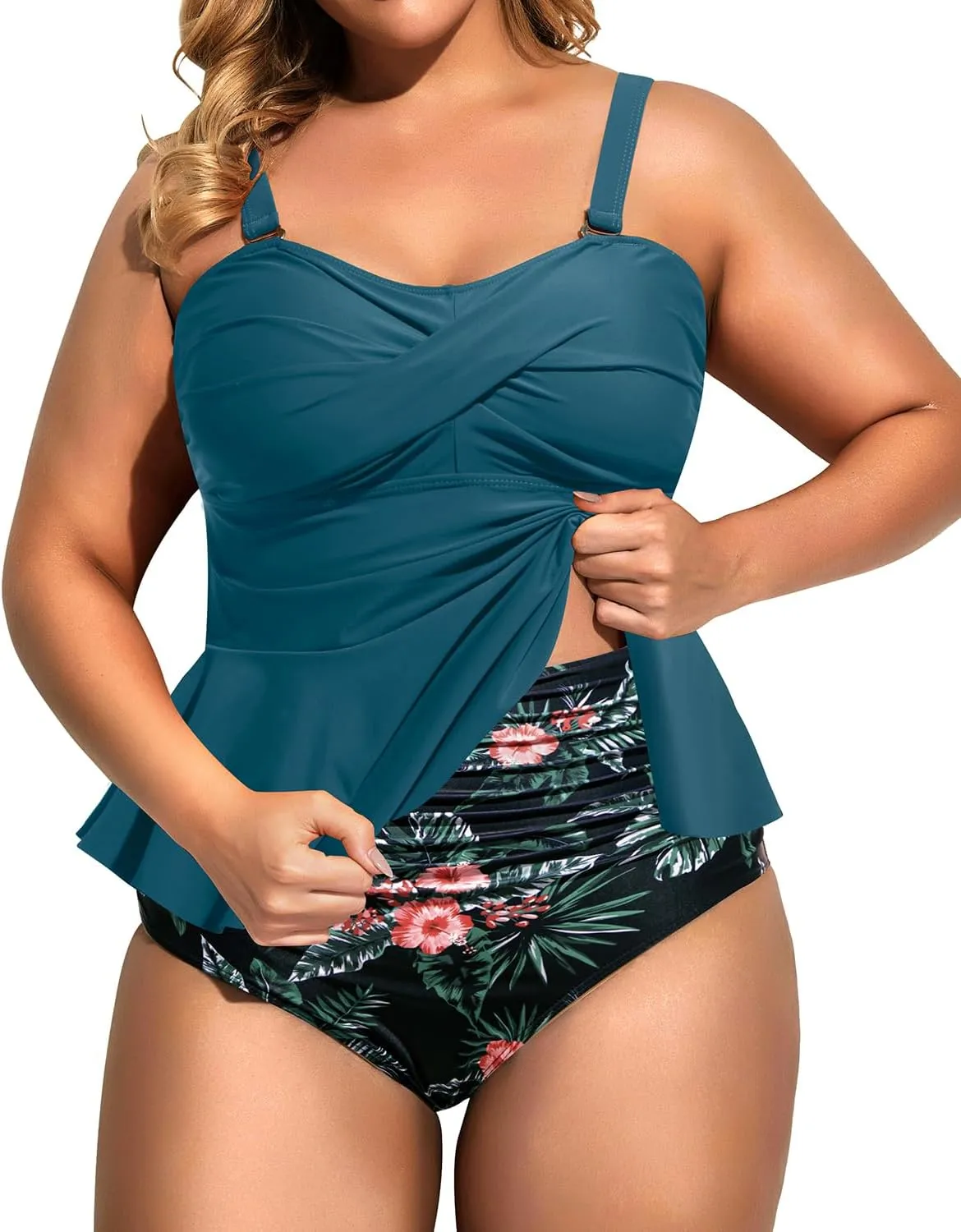 Daci Women Two Piece Plus Size Swimsuit with Bottom Peplum Tankini High Waisted Tummy Control Bathing Suit