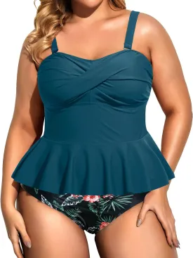 Daci Women Two Piece Plus Size Swimsuit with Bottom Peplum Tankini High Waisted Tummy Control Bathing Suit