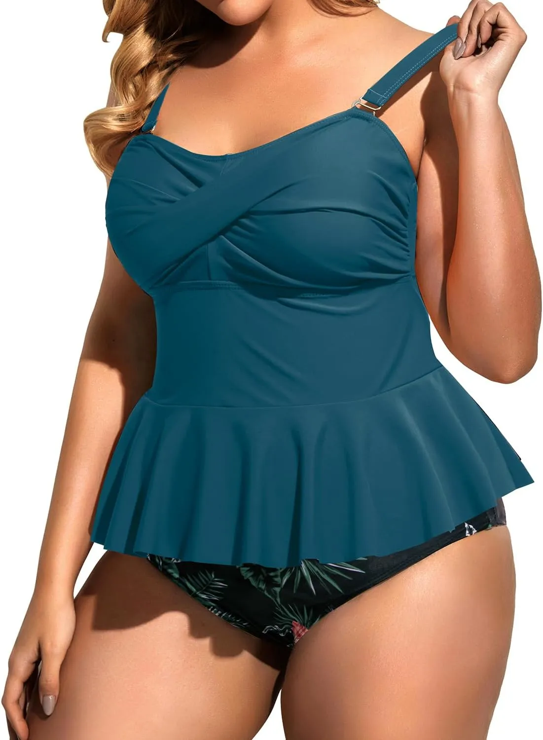 Daci Women Two Piece Plus Size Swimsuit with Bottom Peplum Tankini High Waisted Tummy Control Bathing Suit