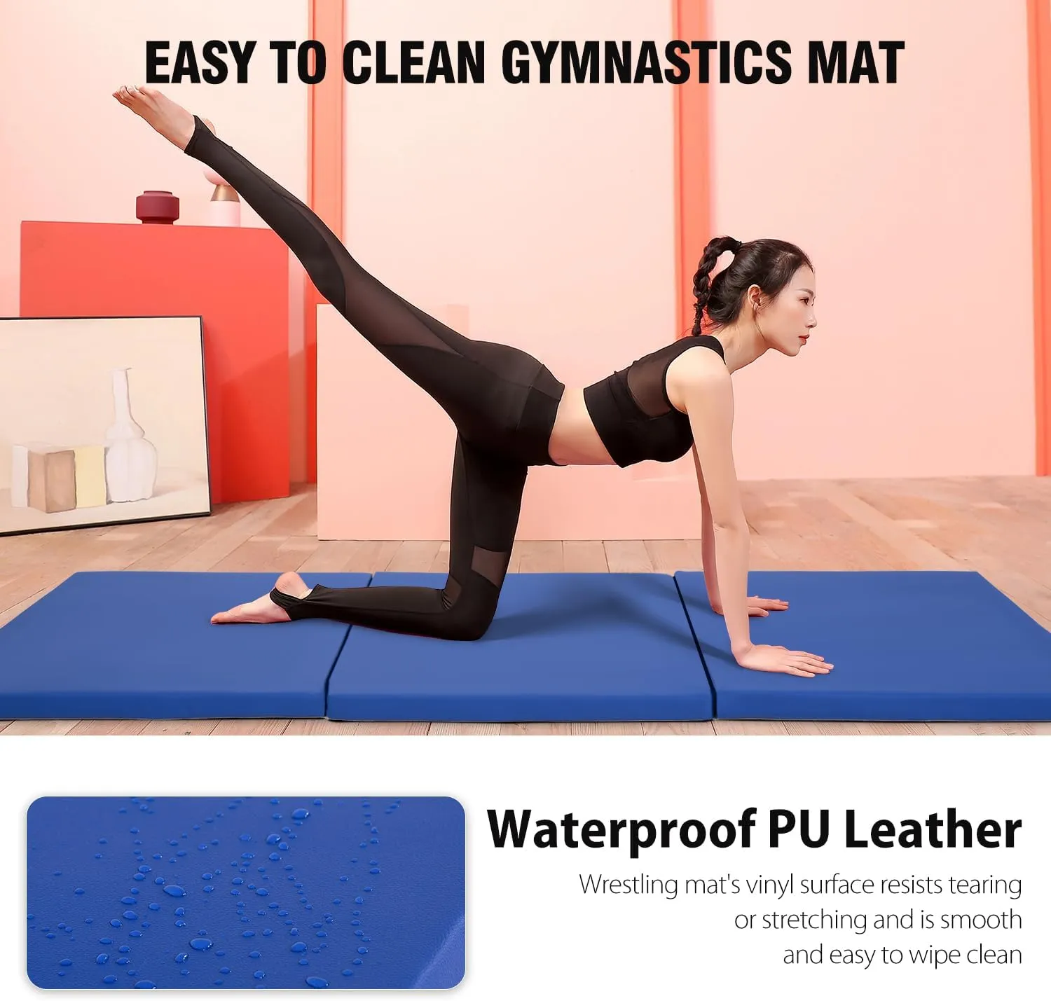 Gymnastics Tumbling Mats Gymnastics Mat Portable Foldable Tumbling Mat Thick PU Leather Exercise Mat Yoga Mat with Carrying Handles for home Workout outdoor Yoga Gymnastics