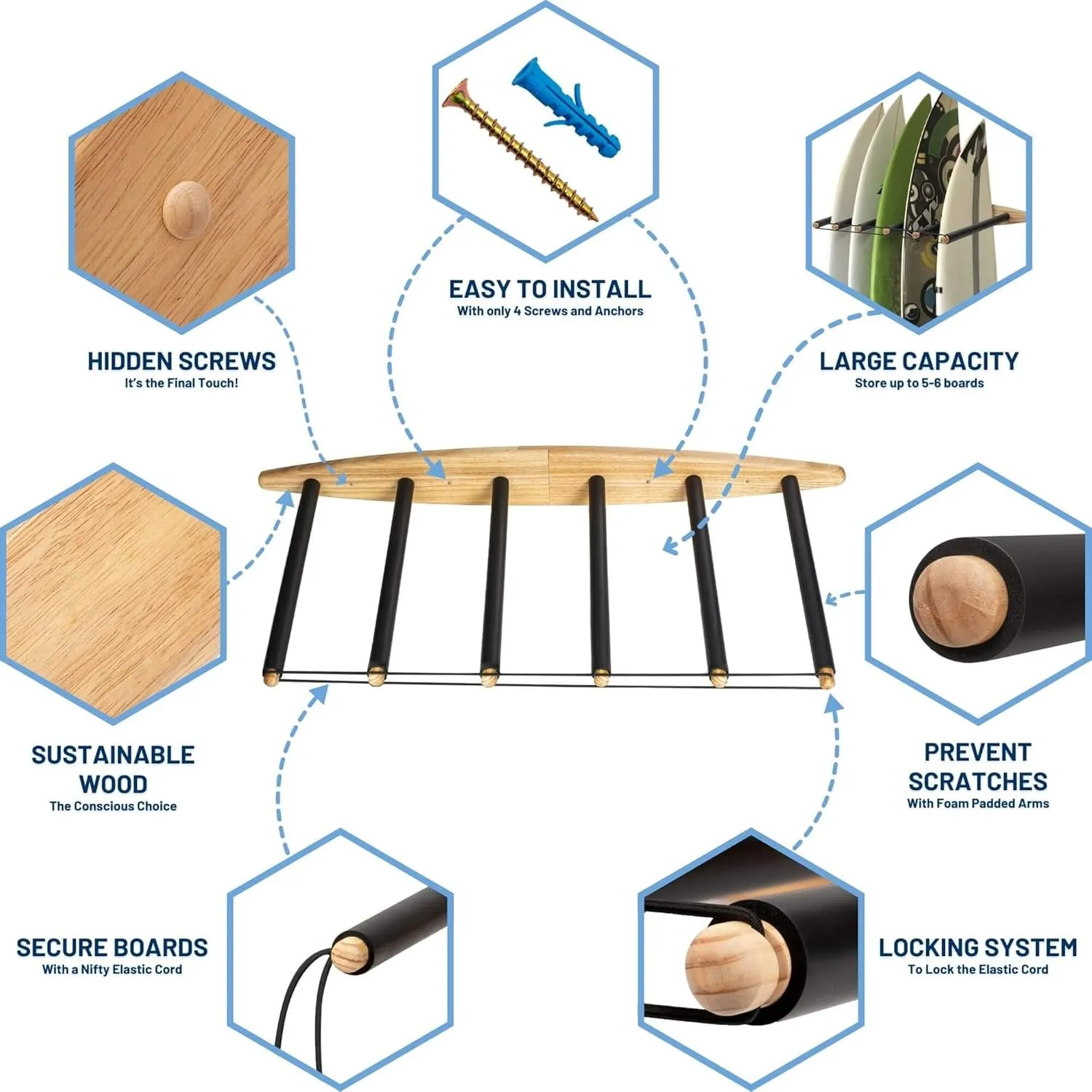 Hang 11 Vertical Surfboard Rack - Surf Racks for Wall, Sustainable Wooden Surf Board Holder with Rubber Mat, Wall Mount Storage, Vertical Paddle Board & SUP Garage Stand (6 arms / 5-6 boards)