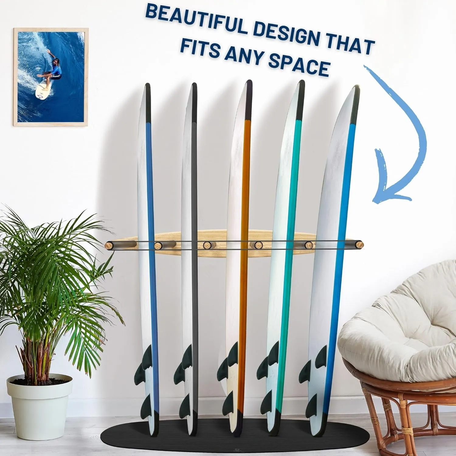 Hang 11 Vertical Surfboard Rack - Surf Racks for Wall, Sustainable Wooden Surf Board Holder with Rubber Mat, Wall Mount Storage, Vertical Paddle Board & SUP Garage Stand (6 arms / 5-6 boards)
