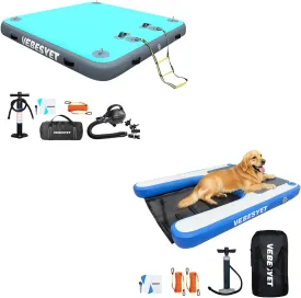Inflatable Floating Dock Platform with Dog Water Ramp & Electric Pump, Multi-Person Floating Island Raft for Beach Lake Boating Ocean