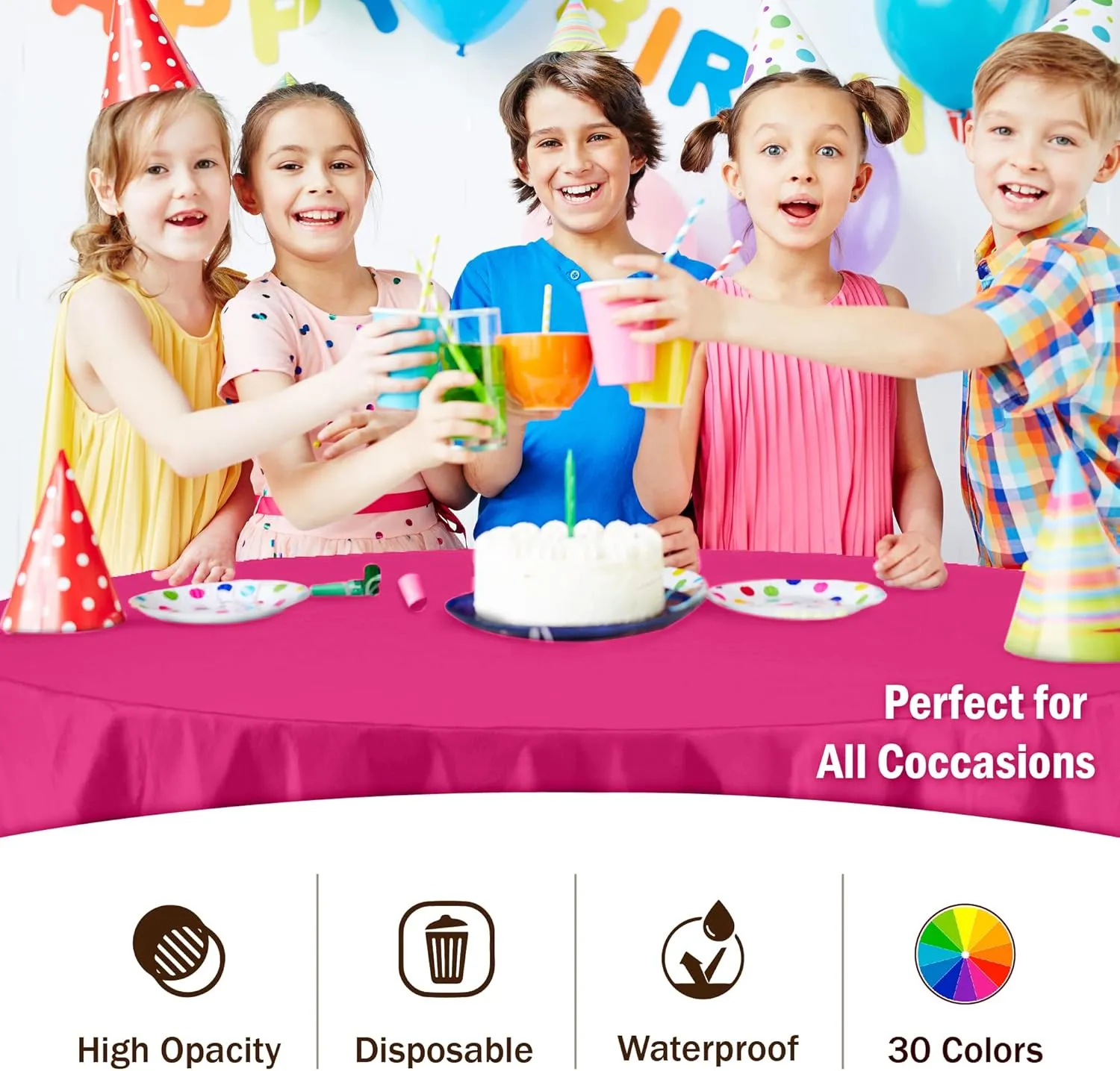 Party Solids 6-Pack Premium Plastic Tablecloth 84in. Round Plastic Table Cover - Cerise