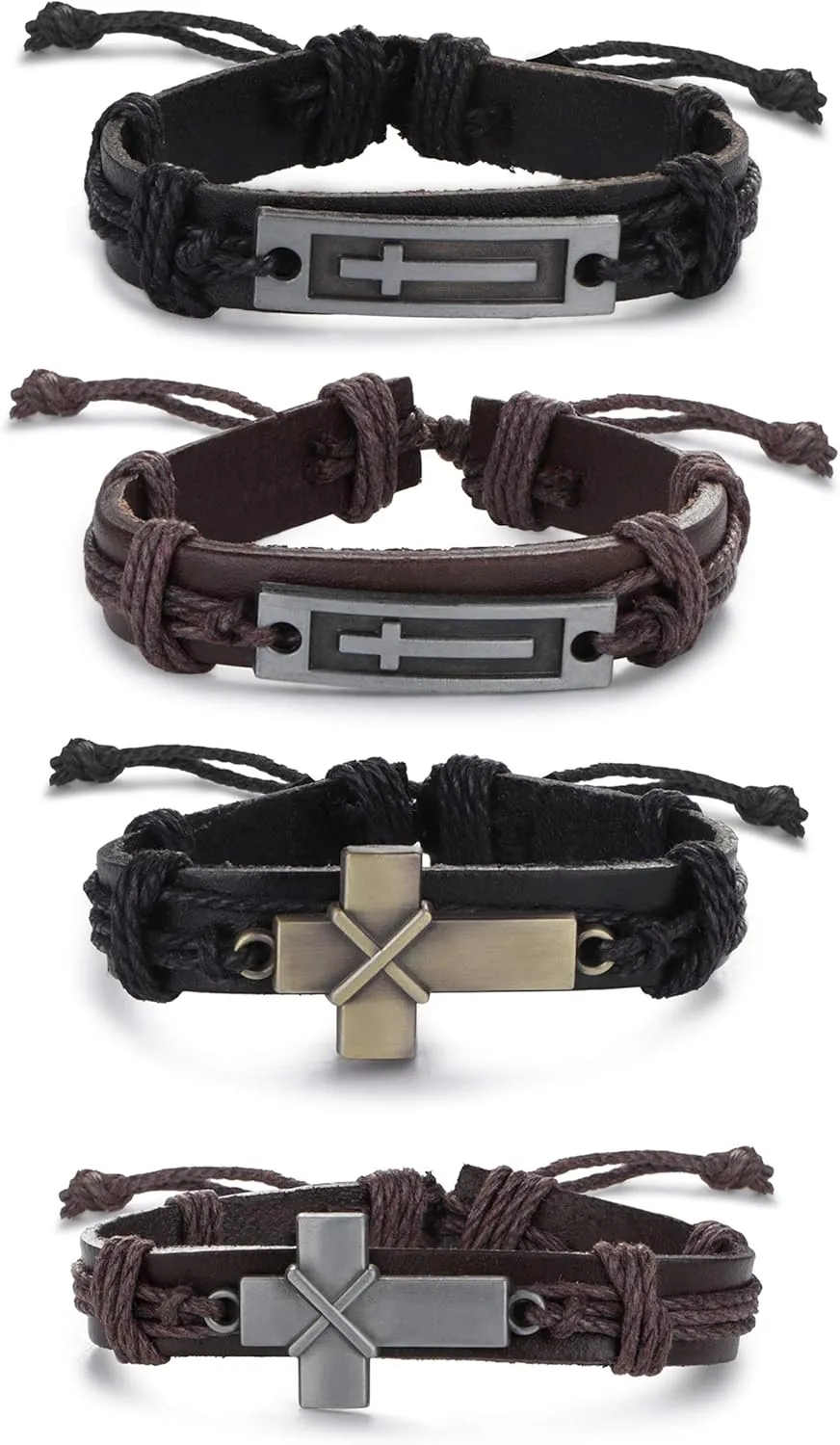 sailimue 4 Pcs Cross Leather Bracelet for Men Religious Cross Tag Bangle Leather Wristband Adjustable Drawstring Bracelet Set