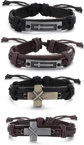 sailimue 4 Pcs Cross Leather Bracelet for Men Religious Cross Tag Bangle Leather Wristband Adjustable Drawstring Bracelet Set