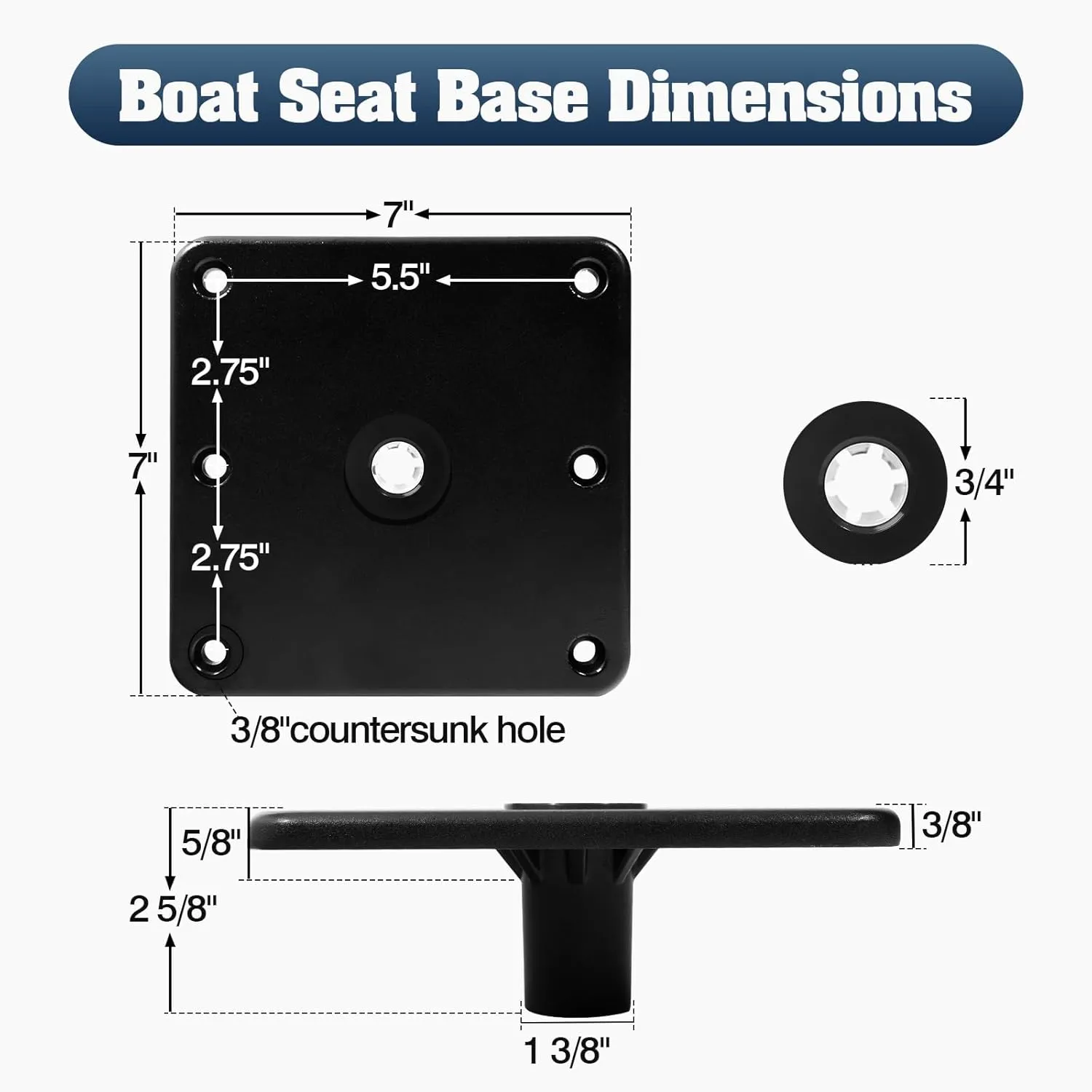 TEPU Boat Seat Base 7" x 7" Aluminum Alloy Material 3/4" Pin Post Socket, Heavy Duty Boat Seat Pedestals, Corrosion Resistant, Suitable for jon boats, canoes, bass boats and most other boat seat Mount