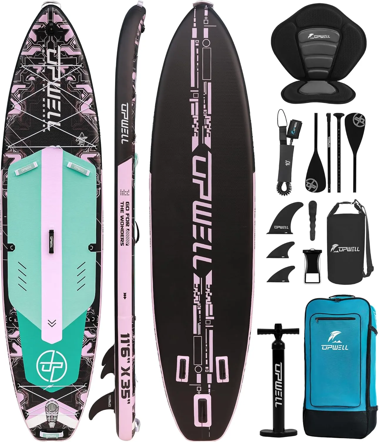 UPWELL 11'6"35" Extra Wide Inflatable Paddle Board, Stand Up Paddle Board for Youth & Adults, Stable Design, Premium SUP Accessories, 120L Backpack, 10L Dry Bag, Paddle, Leash, Hand Pump, US Fins