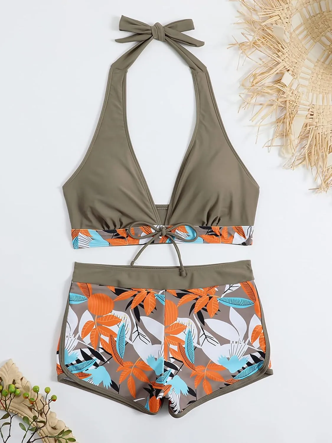Women Two Piece Swimsuit Bathing Suits Floral Tropical High Waisted Beachwear Board Shorts Halter Tops