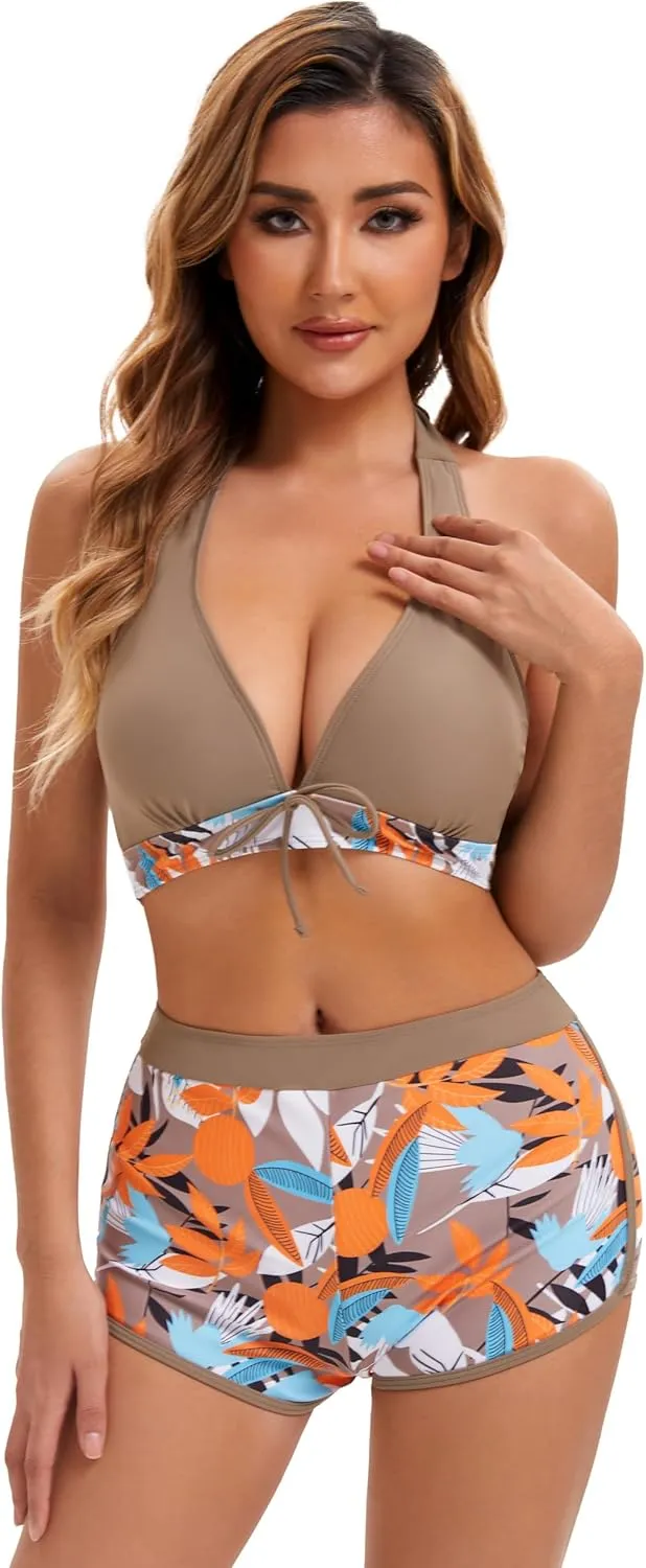 Women Two Piece Swimsuit Bathing Suits Floral Tropical High Waisted Beachwear Board Shorts Halter Tops