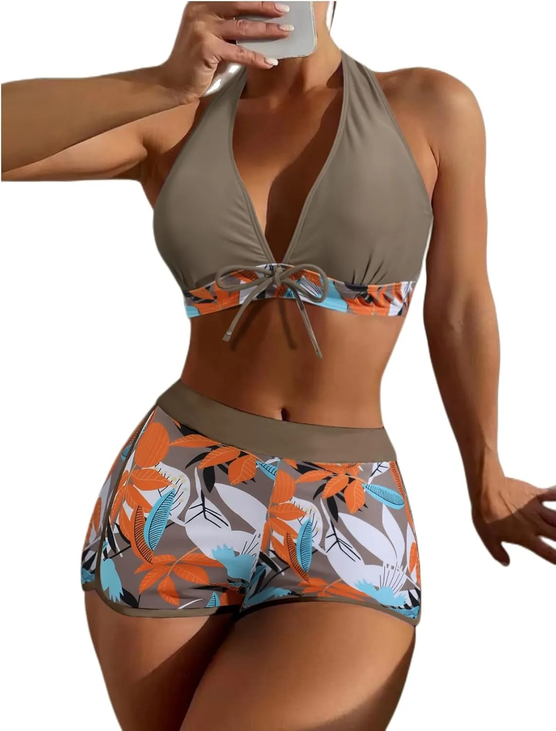 Women Two Piece Swimsuit Bathing Suits Floral Tropical High Waisted Beachwear Board Shorts Halter Tops
