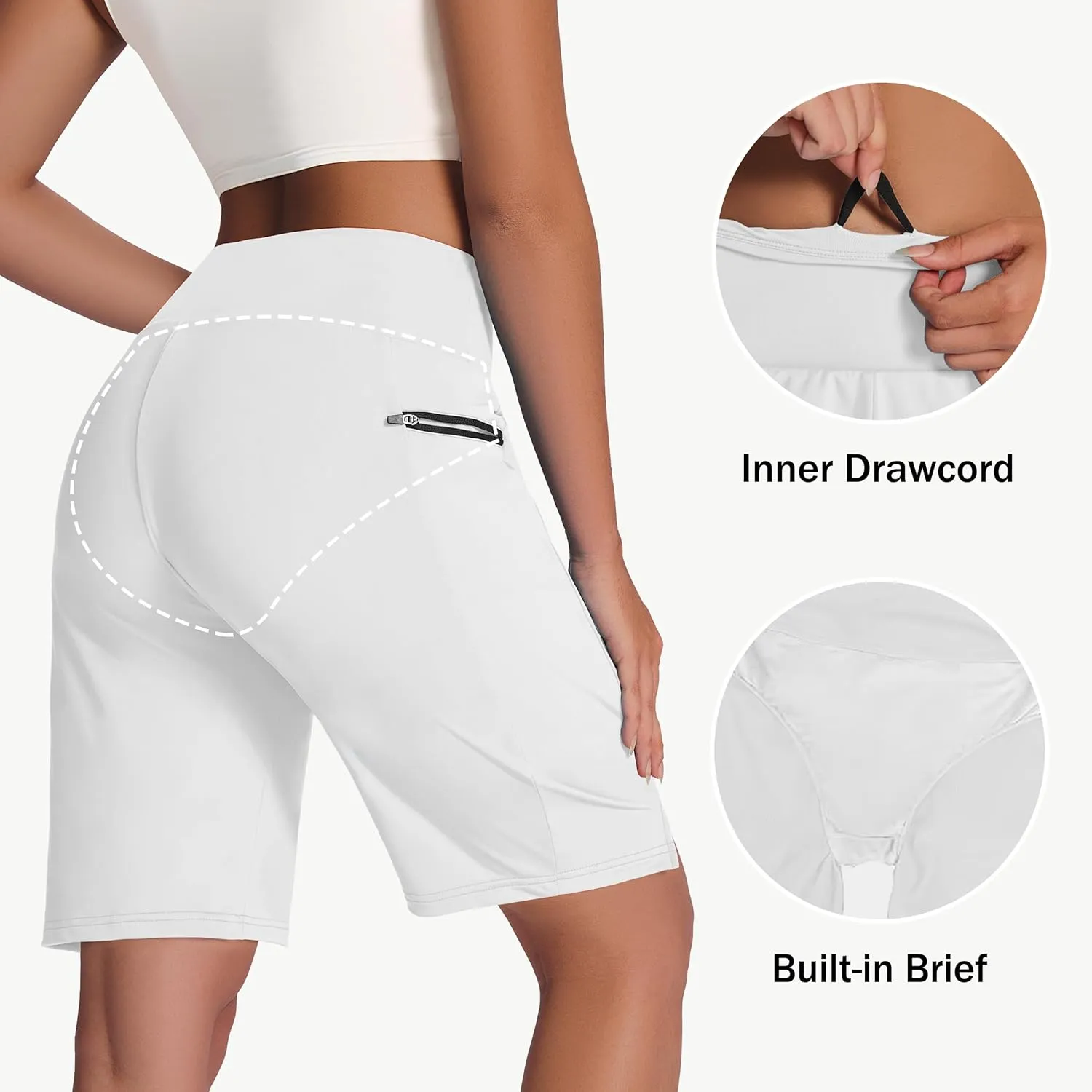 Women's 9" Long Swim Board Shorts with Zip Pockets High Waisted Knee Length Beach Swimming Shorts for Women with Liner