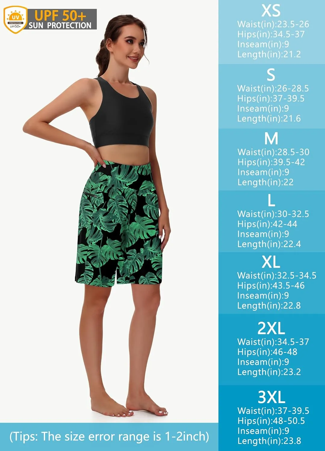 Women's 9" Long Swim Board Shorts with Zip Pockets High Waisted Knee Length Beach Swimming Shorts for Women with Liner