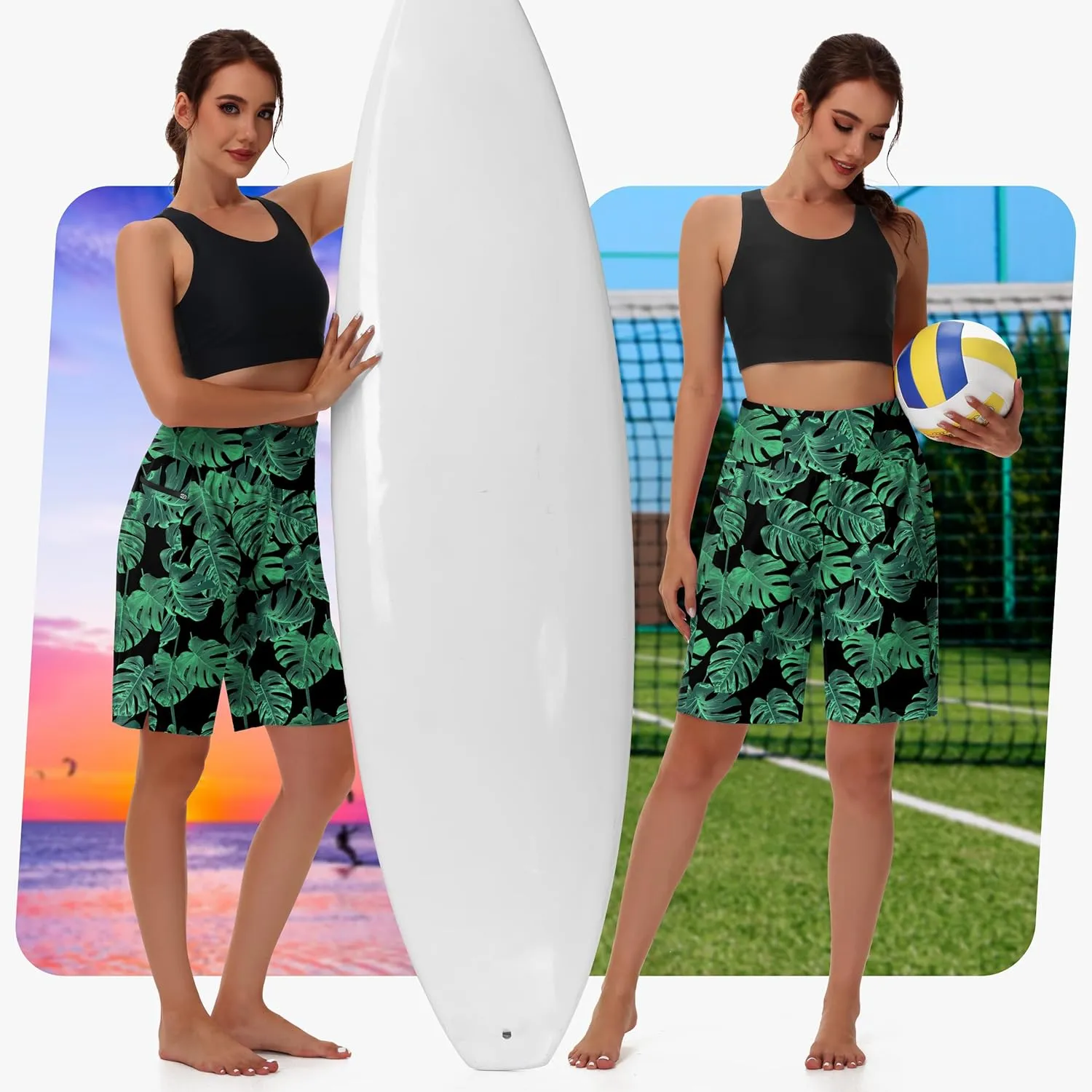 Women's 9" Long Swim Board Shorts with Zip Pockets High Waisted Knee Length Beach Swimming Shorts for Women with Liner