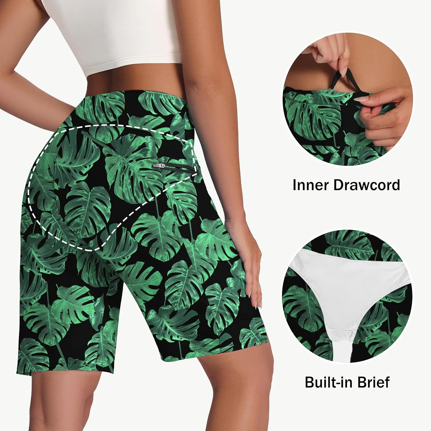 Women's 9" Long Swim Board Shorts with Zip Pockets High Waisted Knee Length Beach Swimming Shorts for Women with Liner