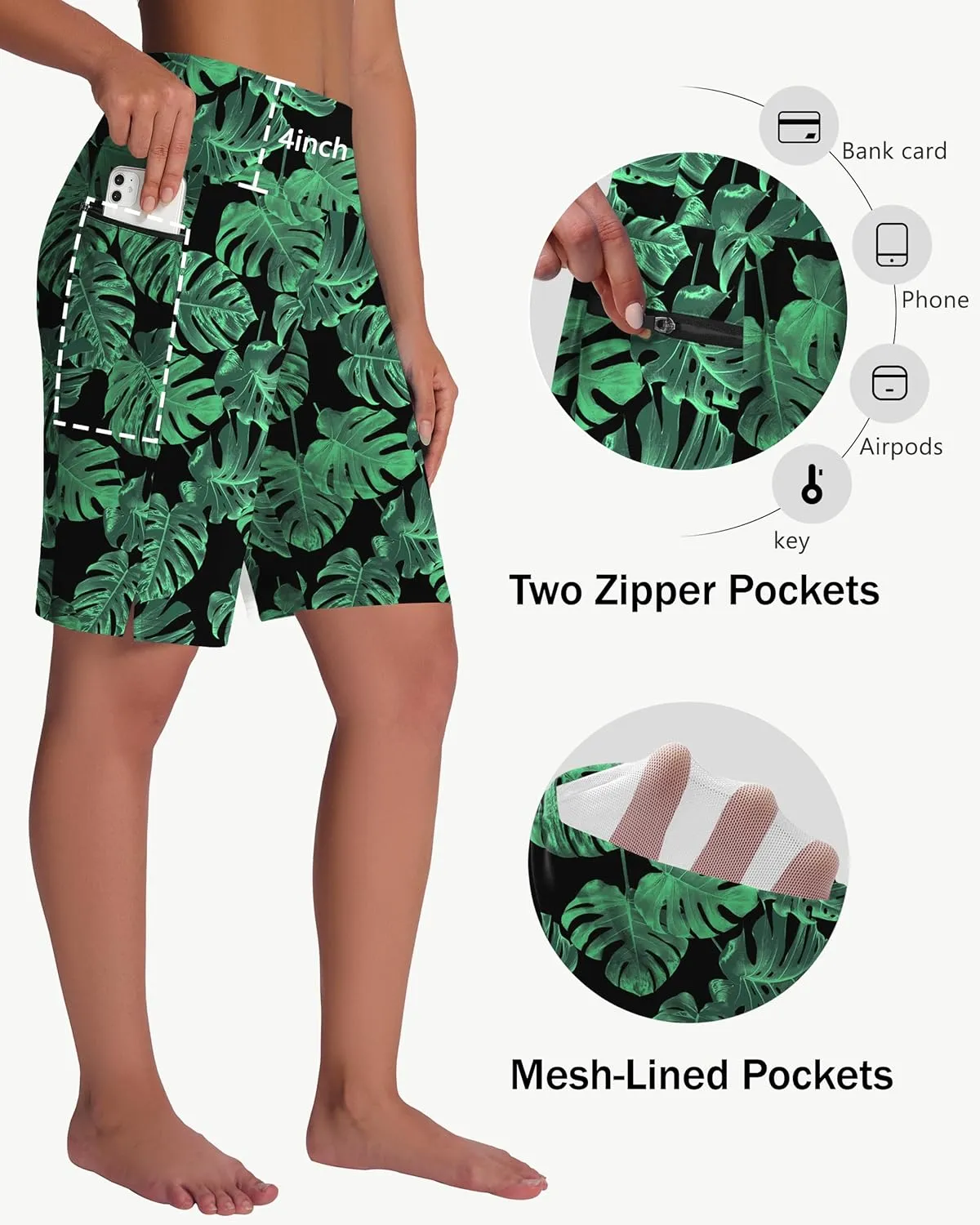 Women's 9" Long Swim Board Shorts with Zip Pockets High Waisted Knee Length Beach Swimming Shorts for Women with Liner