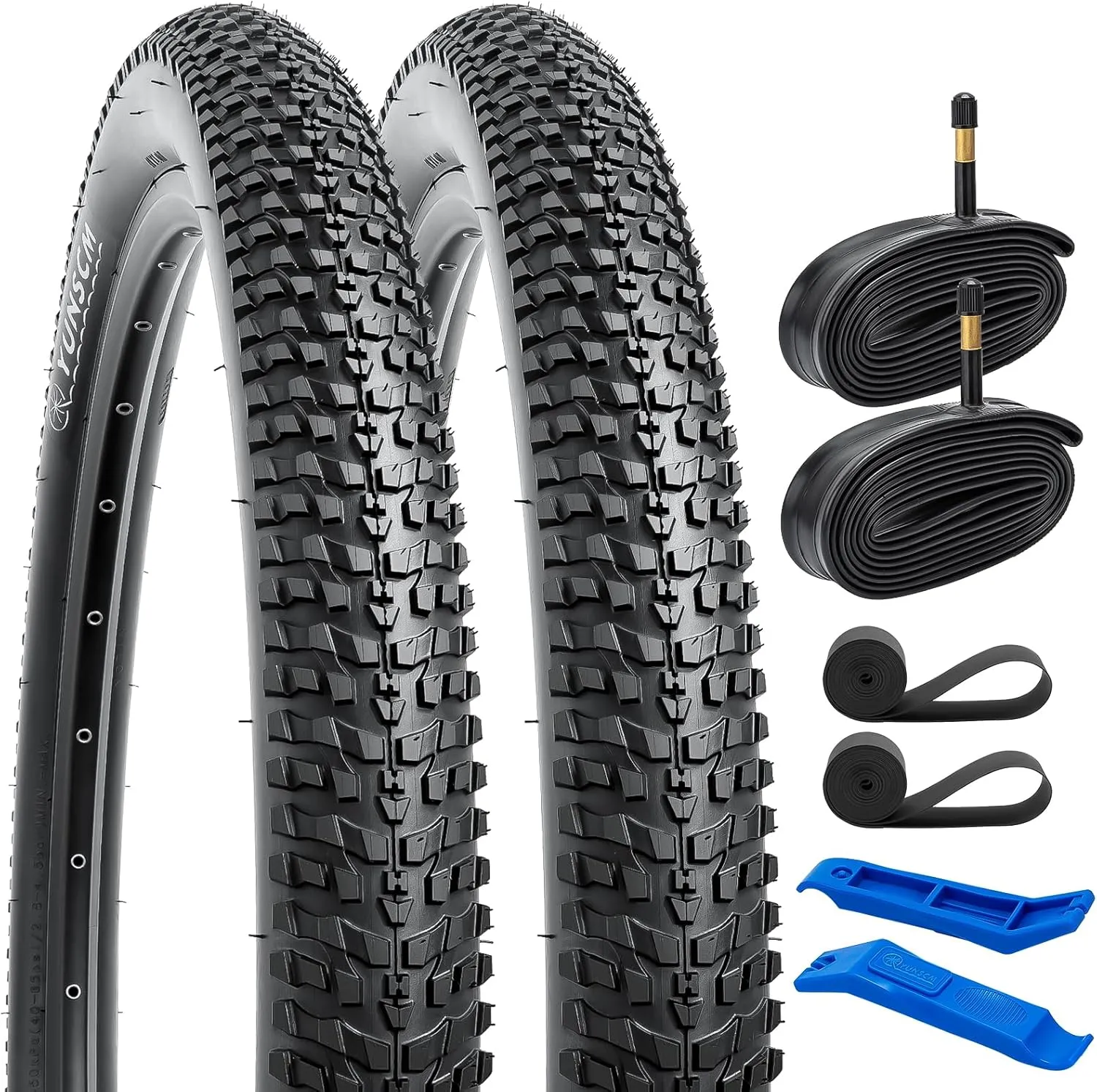 YUNSCM 2-PCS 29" Mountain Bike Tires 29x2.30/58-622 and 29" Heavy Duty Bike Tubes Schrader Valve with 2 Rim Strips Compatible with Off Road Bike 29x2.25 29 x 2.30 29x2.35 Bike Tires and Tubes (Y-921)